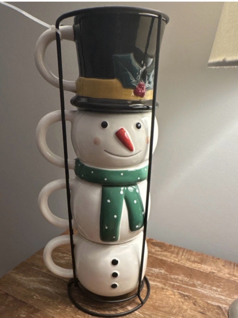 Holiday Time Snowman Stacking Mug Set - Green Scarf, Black Hat
